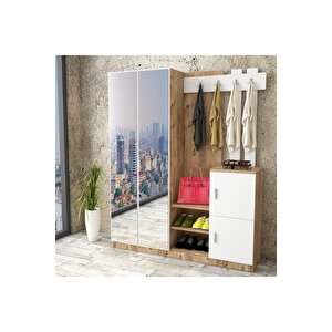 Wood Aynalı Askılı Kapaklı Vestiyer Portmanto Ayakkabılık Çam-beyaz