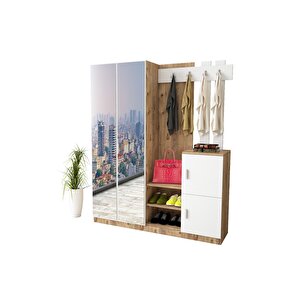 Wood Aynalı Askılı Kapaklı Vestiyer Portmanto Ayakkabılık Çam-beyaz