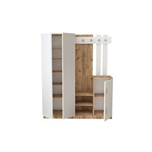 Wood Aynalı Askılı Kapaklı Vestiyer Portmanto Ayakkabılık Çam-beyaz