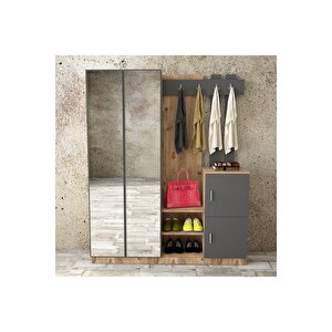 Wood Aynalı Askılı Kapaklı Vestiyer Portmanto Ayakkabılık Çam-antrasit Gri