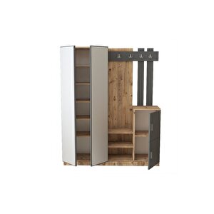 Wood Aynalı Askılı Kapaklı Vestiyer Portmanto Ayakkabılık Çam-antrasit Gri