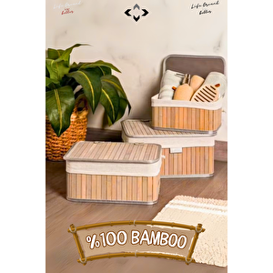 3'lü Bambu Sepet Kapaklı Hasır Bambu Ahşap Sepet Bambu Organizer Ev Düzenleyici Toplama