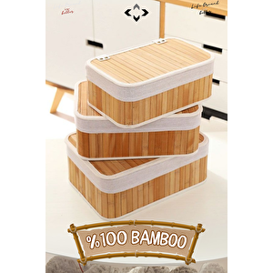 3'lü Bambu Sepet Kapaklı Hasır Bambu Ahşap Sepet Bambu Organizer Ev Düzenleyici Toplama