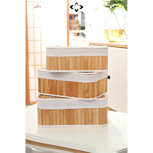 3'lü Bambu Sepet Kapaklı Hasır Bambu Ahşap Sepet Bambu Organizer Ev Düzenleyici Toplama