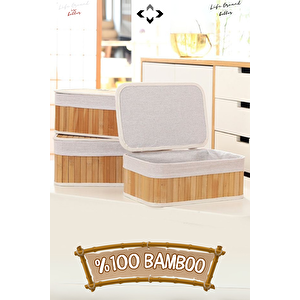 3'lü Bambu Sepet Kapaklı Hasır Bambu Ahşap Sepet Bambu Organizer Ev Düzenleyici Toplama