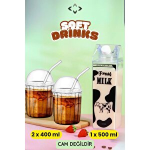 Soft Drink 3'lü Kristal Mika İçecek Seti 1 Adet Süt Kutusu 2 Adet Smoothie Bardak Cam Değildir