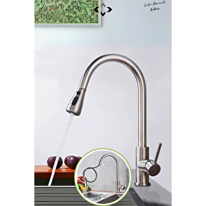 FLORA INOX 360° Dönebilen Çekilebilir Spiral Başlıklı Paslanmaz Mutfak & Banyo Bataryası – Yüksek Basınçlı Su Tasarrufu