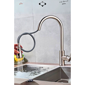 FLORA INOX 360° Dönebilen Çekilebilir Spiral Başlıklı Paslanmaz Mutfak & Banyo Bataryası – Yüksek Basınçlı Su Tasarrufu