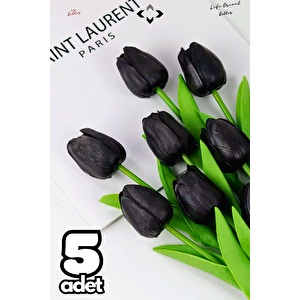 5’li Siyah Yapay Lale Demeti Gerçekçi Dekoratif Çiçek Buketi 5 Adet Islak Lale 30 CM Gelin Çiçeği Ev Ofis