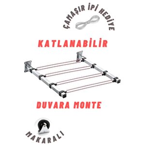Paslanmaz Makaralı Duvara Monte Katlanabilir Çamaşık Askısı   Kurutmalık  Çamaşır Ipi Hediye