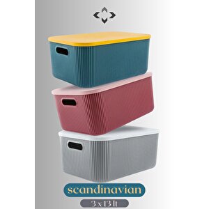 Scandinavian 3’lü Çok Renkli 13 Lt Dekoratif Çok Amaçlı Saklama Kutusu Düzenleyici Storage Box