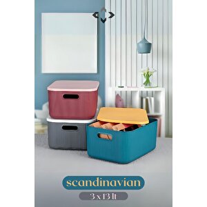 Scandinavian 3’lü Çok Renkli 13 Lt Dekoratif Çok Amaçlı Saklama Kutusu Düzenleyici Storage Box
