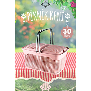 İnci̇ Desenli̇ 30 Lt Pudra Piknik Sepeti Piknik Seti Mangal Barbekü Çantası Rattan Sepet