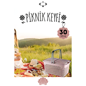 İnci̇ Desenli̇ 30 Lt Pudra Piknik Sepeti Piknik Seti Mangal Barbekü Çantası Rattan Sepet
