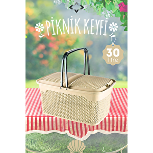 İnci̇ Desenli̇ 30 Lt Krem Piknik Sepeti Piknik Seti Mangal Barbekü Çantası Rattan Sepet