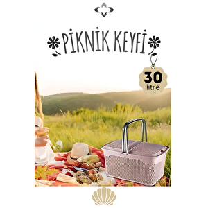 İnci̇ Desenli̇ 30 Lt Krem Piknik Sepeti Piknik Seti Mangal Barbekü Çantası Rattan Sepet