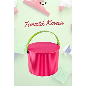 2'li Rainbow Yeşil Pembe Yuvarlak Temizlik Kovası Deterjan Kovası Kapaklı Kova 2 Adet Kova