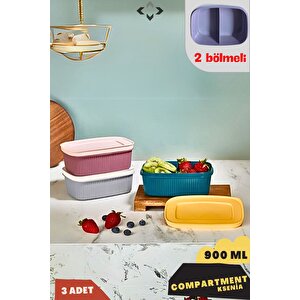 Compartment Ksenıa 3'lü 2 Bölmeli 900 Ml Kapaklı Saklama Kabı   Beslenme Kutusu 3 Adet Rengarenk