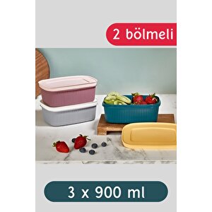 Compartment Ksenıa 3'lü 2 Bölmeli 900 Ml Kapaklı Saklama Kabı   Beslenme Kutusu 3 Adet Rengarenk