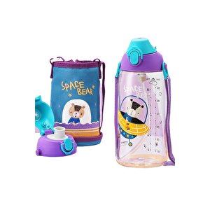 Büyük Boy 700ml Kılıflı Askılı Pipetli/pipetsiz Iki Ayrı Kapaklı Tritan Çocuk Matarası Bpa Yok Koku Yok Lacivert-mor