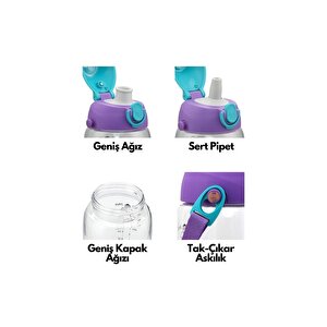 Uzspace Büyük Boy 700ml Kılıflı Askılı Pipetli/pipetsiz Iki Ayrı Kapaklı Tritan Çocuk Matarası Bpa Yok Koku Yok Lacivert-mor