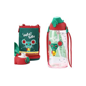 Büyük Boy 700ml Kılıflı Askılı Pipetli/pipetsiz Iki Ayrı Kapaklı Tritan Çocuk Matarası Bpa Yok Koku Yok Yeşil-kırmızı