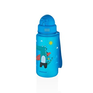 400ml Yeni Koleksiyon Sevimli Hayvanlar Desenli Pipetli Tritan Çocuk Su Matarası Mavi