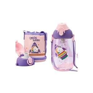 Küçük Boy 480ml Kılıflı Askılı Pipetli/pipetsiz Iki Ayrı Kapaklı Tritan Çocuk Matarası Bpa Yok Koku Yok Pembe-mor