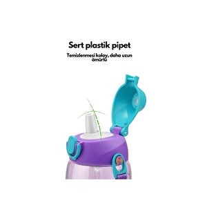 Küçük Boy 480ml Kılıflı Askılı Pipetli/pipetsiz Iki Ayrı Kapaklı Tritan Çocuk Matarası Bpa Yok Koku Yok Pembe-mor