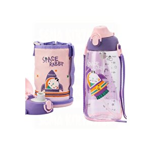 Büyük Boy 700ml Kılıflı Askılı Pipetli/pipetsiz Iki Ayrı Kapaklı Tritan Çocuk Matarası Bpa Yok Koku Yok Pembe-mor