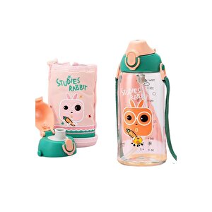 Büyük Boy 700ml Kılıflı Askılı Pipetli/pipetsiz Iki Ayrı Kapaklı Tritan Çocuk Matarası Bpa Yok Koku Yok Turuncu-yeşil