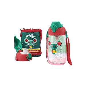 Küçük Boy 480ml Kılıflı Askılı Pipetli/pipetsiz Iki Ayrı Kapaklı Tritan Çocuk Matarası Bpa Yok Koku Yok Yeşil-kırmızı