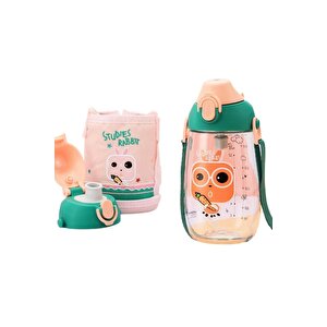 Küçük Boy 480ml Kılıflı Askılı Pipetli/pipetsiz Iki Ayrı Kapaklı Tritan Çocuk Matarası Bpa Yok Koku Yok Turuncu-yeşil
