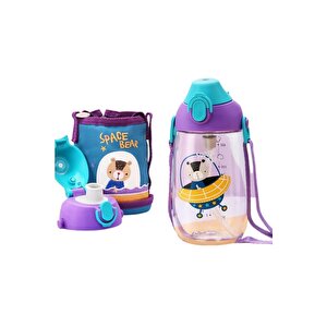 Küçük Boy 480ml Kılıflı Askılı Pipetli/pipetsiz Iki Ayrı Kapaklı Tritan Çocuk Matarası Bpa Yok Koku Yok Lacivert-mor