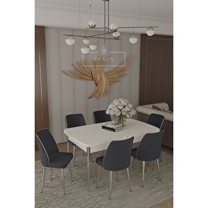Parla Gümüs Serisi 80x130 Mdf Masa + 6 Adet Silinebilir Kumaş Füme Sandalye Metal Ayak Masa Takımı