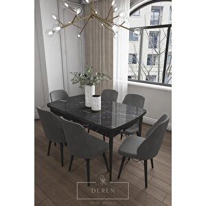Alfa Serisi, 80x132 Açılabilir Mdf Yemek Masası Takımı 6 Adet Antrasit Sandalye