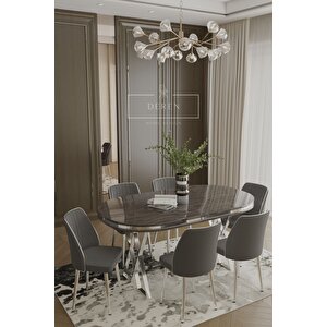 Nex Serisi Mdf Lak Masa 83x164 Gümüş Metal Ayak 6 Adet Antrasit Baby Face Silinebilir Kumaş Sandalye