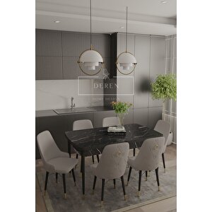 Zen Gold Babyface Kumaş 80x132 Açılabilir Mdf Masa Mutfak Salon Takımı 6 Adet Sandalye Açık Gri