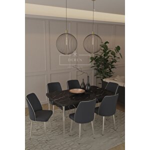 Marla Gümüş Serisi 80x130 Mdf Masa + 6 Adet Silinebilir Kumaş Füme Sandalye Metal Ayak Masa Takımı