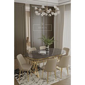 Nex Serisi Mdf Lak Masa 83x164 Gold Metal Ayak 6 Adet Kapiçino Baby Face Silinebilir Kumaş Sandalye