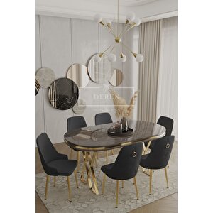 Nef Serisi Lak Panel Mdf Antrasit Renk Masa 83x164 Gold Ayak Masa Takımı 6 Adet Füme Sandalye