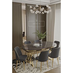 Nex Serisi Mdf Lak Masa 83x164 Gold Metal Ayak 6 Adet Füme Baby Face Silinebilir Kumaş Sandalye