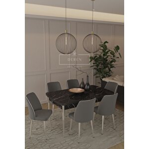 Marla Gümüş Serisi 80x130 Mdf Masa + 6 Adet Silinebilir Antrasit Sandalye Metal Ayak Masa Takımı