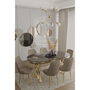 Nef Serisi Lak Panel Mdf Antrasit Renk Masa 83x164 Gold Ayak Masa Takımı 6 Adet Kahve Sandalye