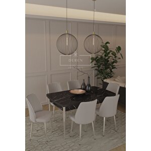 Marla Gümüş Serisi 80x130 Mdf Masa + 6 Adet Silinebilir Kumaş A Gri Sandalye Metal Ayak Masa Takımı