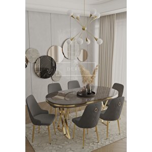 Nef Serisi Lak Panel Mdf Antrasit Renk Masa 83x164 Gold Ayak Masa Takımı 6 Adet Antrasit Sandalye