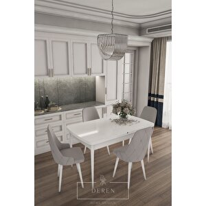 Luna Serisi, 80x132 Açılabilir Mdf Mutfak Ve Yemek Masası Takımı + 4 Adet Açık Gri Sandalye