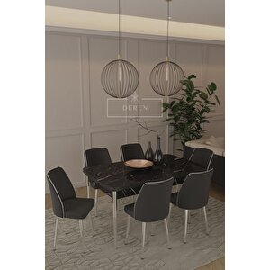 Marla Gümüş Serisi 80x130 Mdf Masa + 6 Adet Silinebilir Kumaş Siyah Sandalye Metal Ayak Masa Takımı