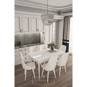 Luna Serisi, 80x132 Açılabilir Mdf Mutfak Ve Yemek Masası Takımı 6 Adet Krem Sandalye