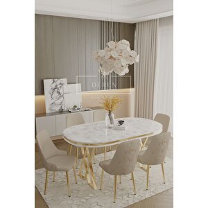 Nil Serisi Lak Panel Mdf Beyaz Mermer Desen Masan 83x164 Gold Ayak Masa Takımı 6 Adet Kapiçino San